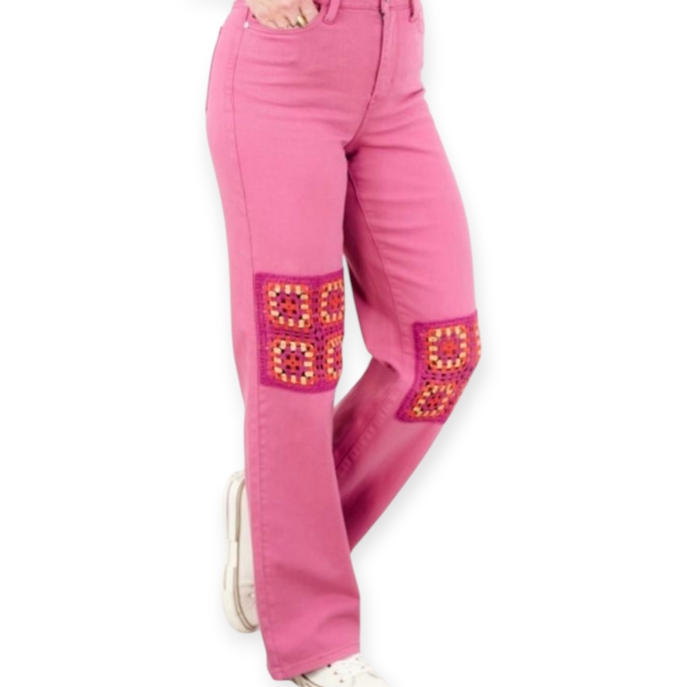 NWT Judy Blue Dusty Pink Dyed Crochet Patched Wide Jeans Size 22 Boho Tiktok